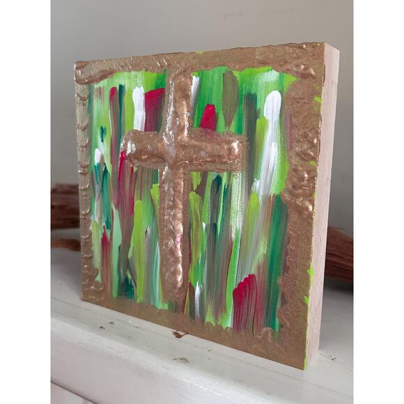 Gold Cross Wood Hand Painted Wall Art 5x5 Block Raised Cross Christmas Style - Picture 7 of 9